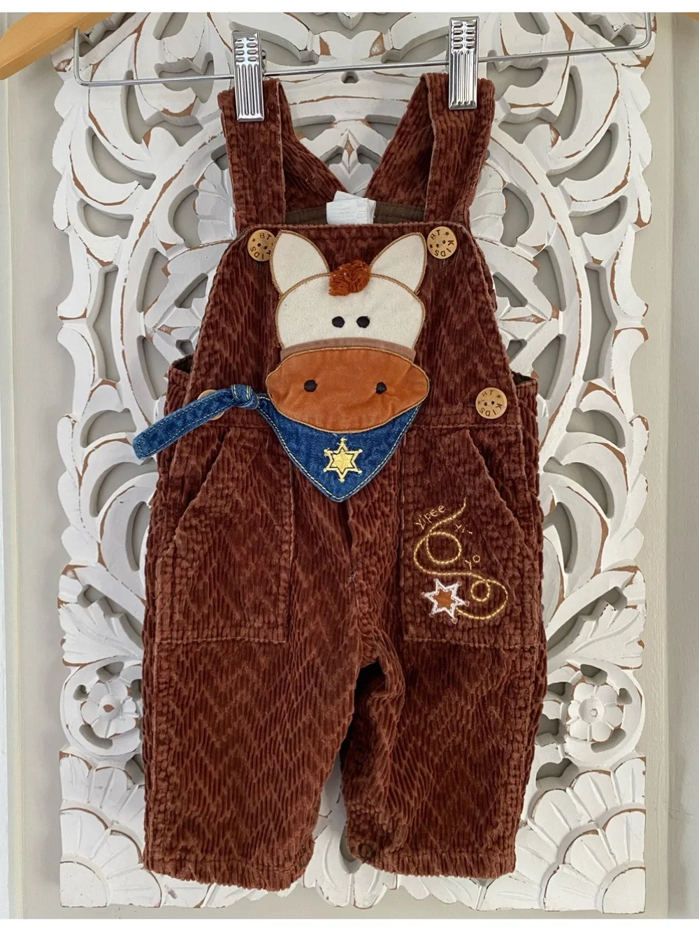 Vintage Baby 3-6 Months Brown Corduroy Western Cowboy Horse Overalls VTG